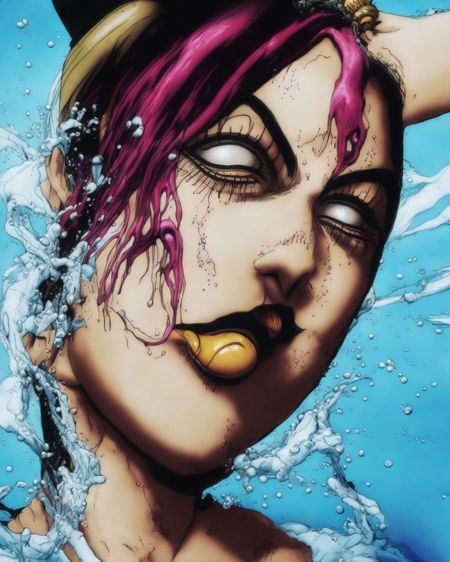 00962-240575908-A photo of Jolyne Cujoh in a pool party, Very detailed, clean, high quality, sharp image, Mark Ryden, Saturno Butto.jpg